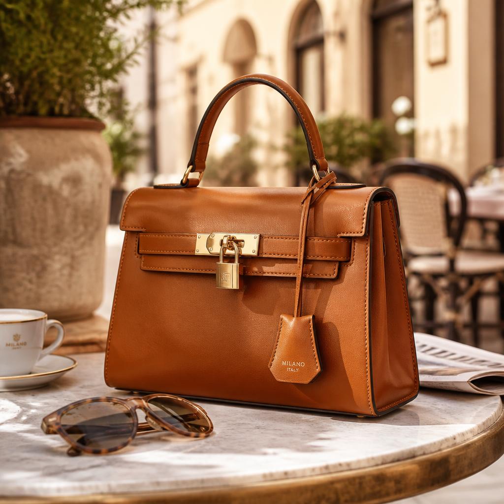 Borsa a mano in pelle color cognac su una panca in lino