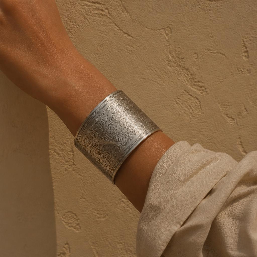 Bracciale rigido in acciaio inciso su legno scuro