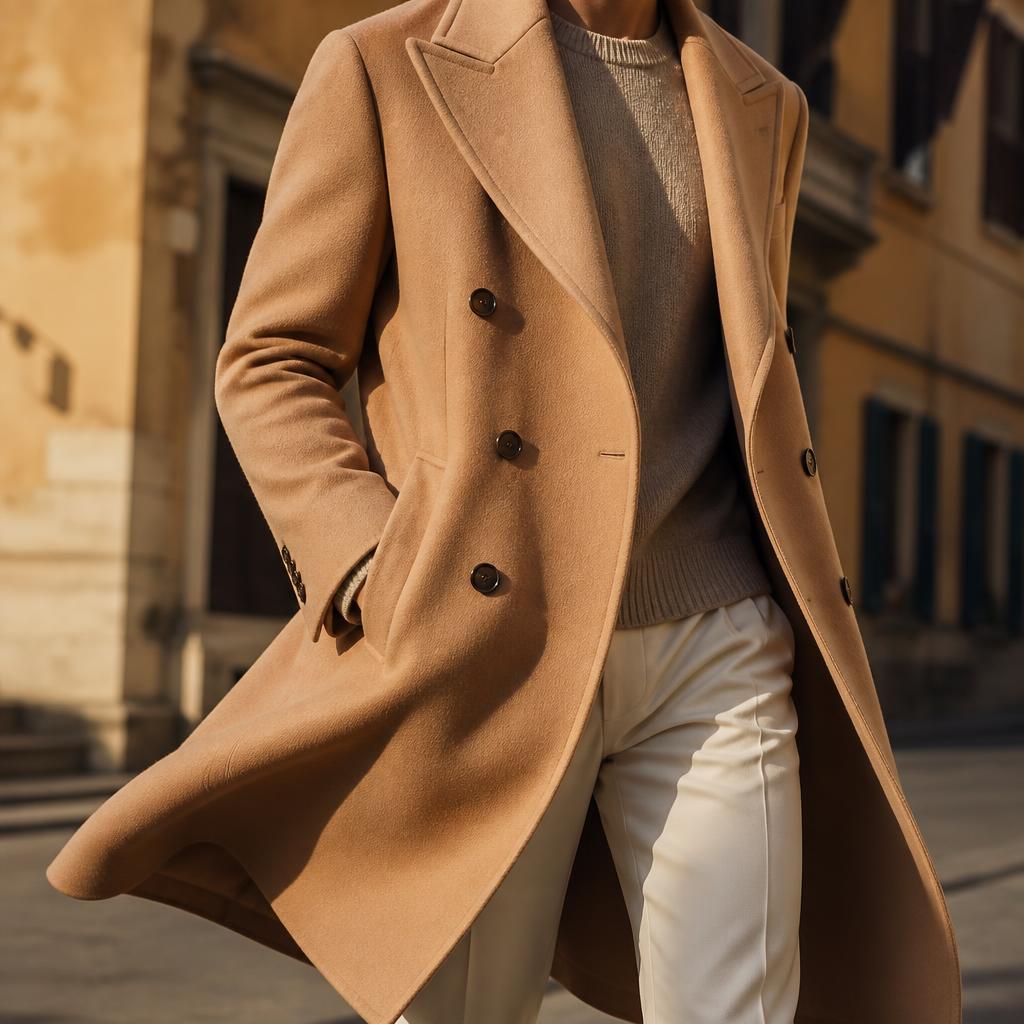 Cappotto in lana color cammello appeso a una parete chiara