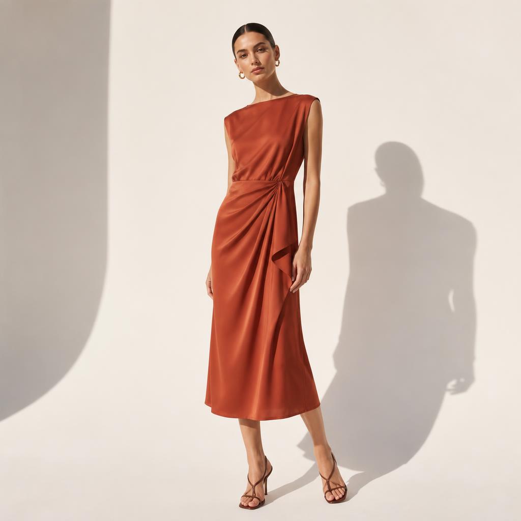 Abito midi in seta color terracotta su manichino