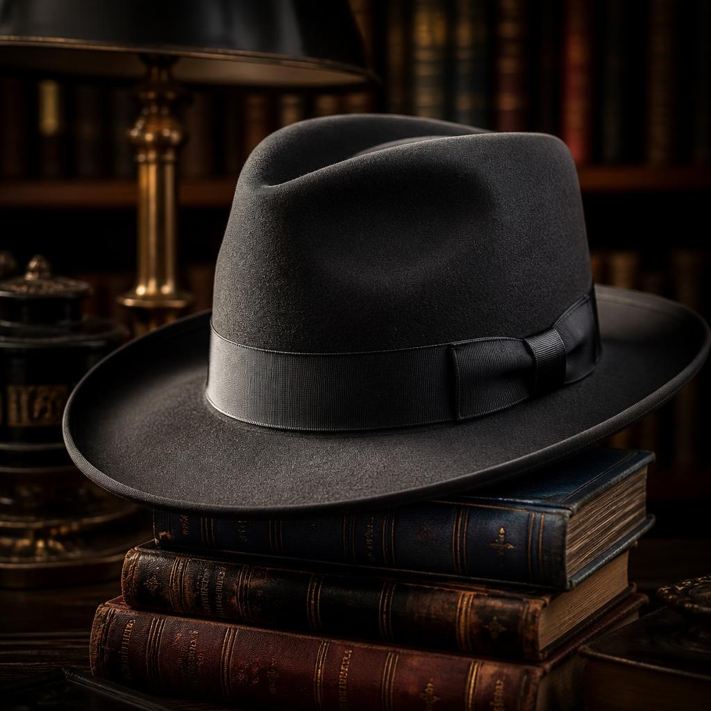 Cappello fedora in feltro scuro su una consolle in marmo
