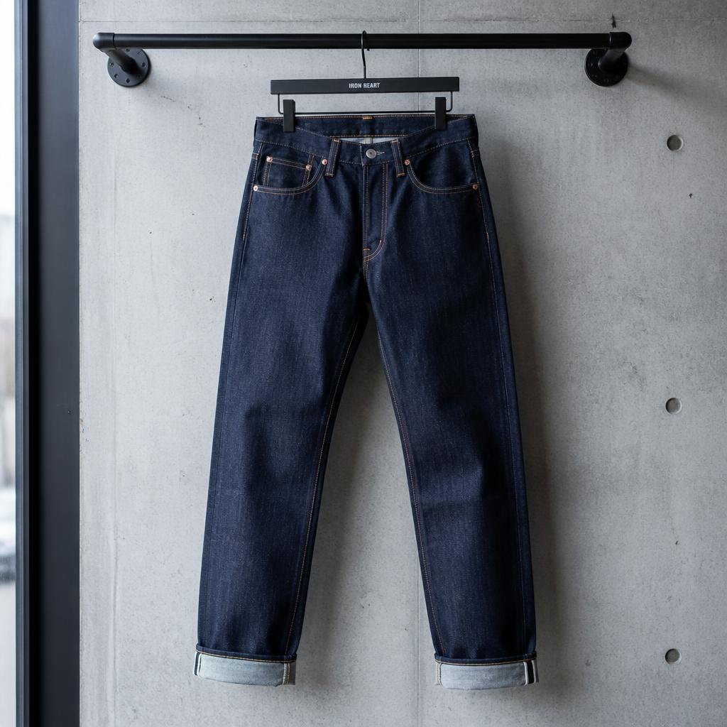 Jeans in denim scuro piegati su una superficie in cemento