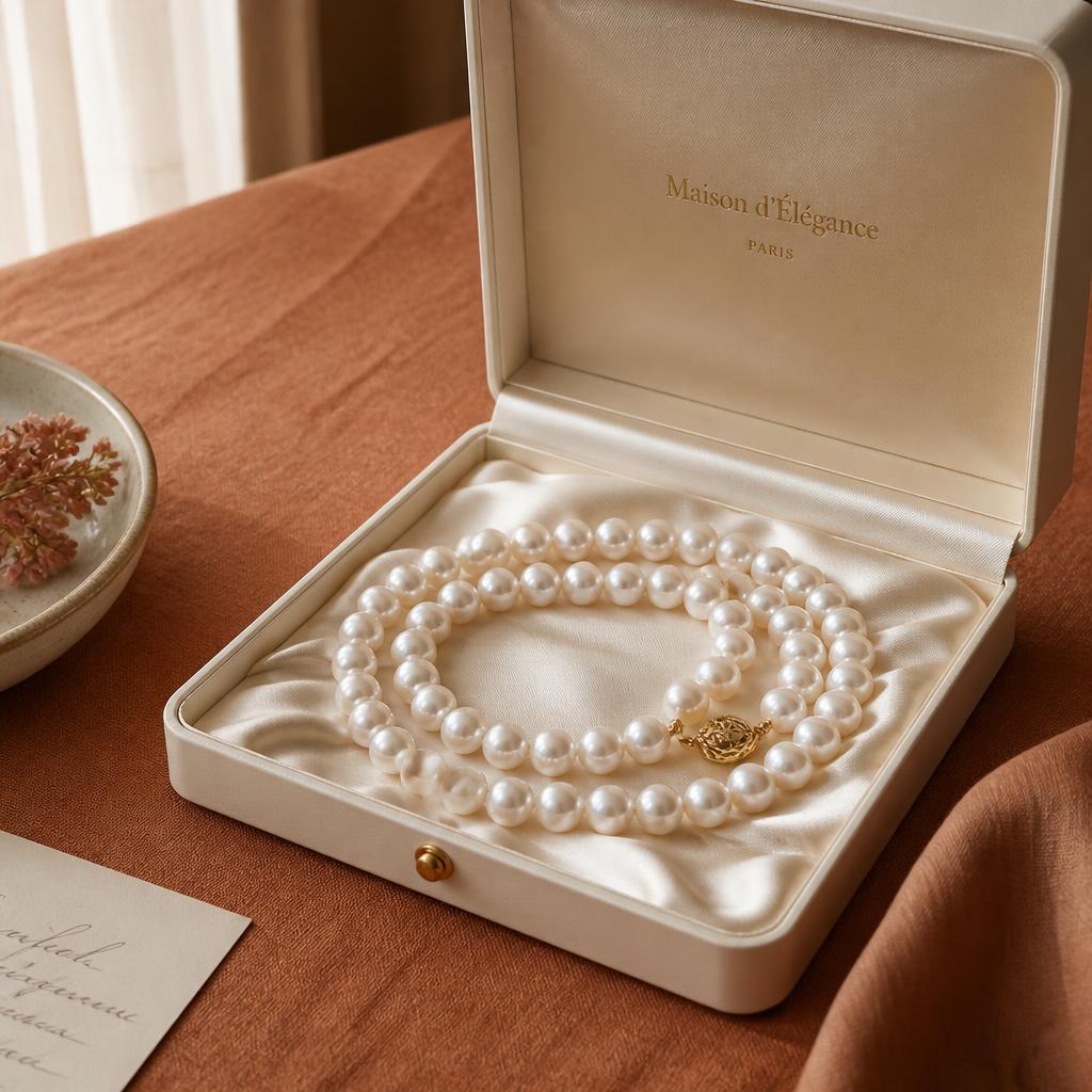 Collana di perle coltivate appoggiata su una lastra di pietra chiara