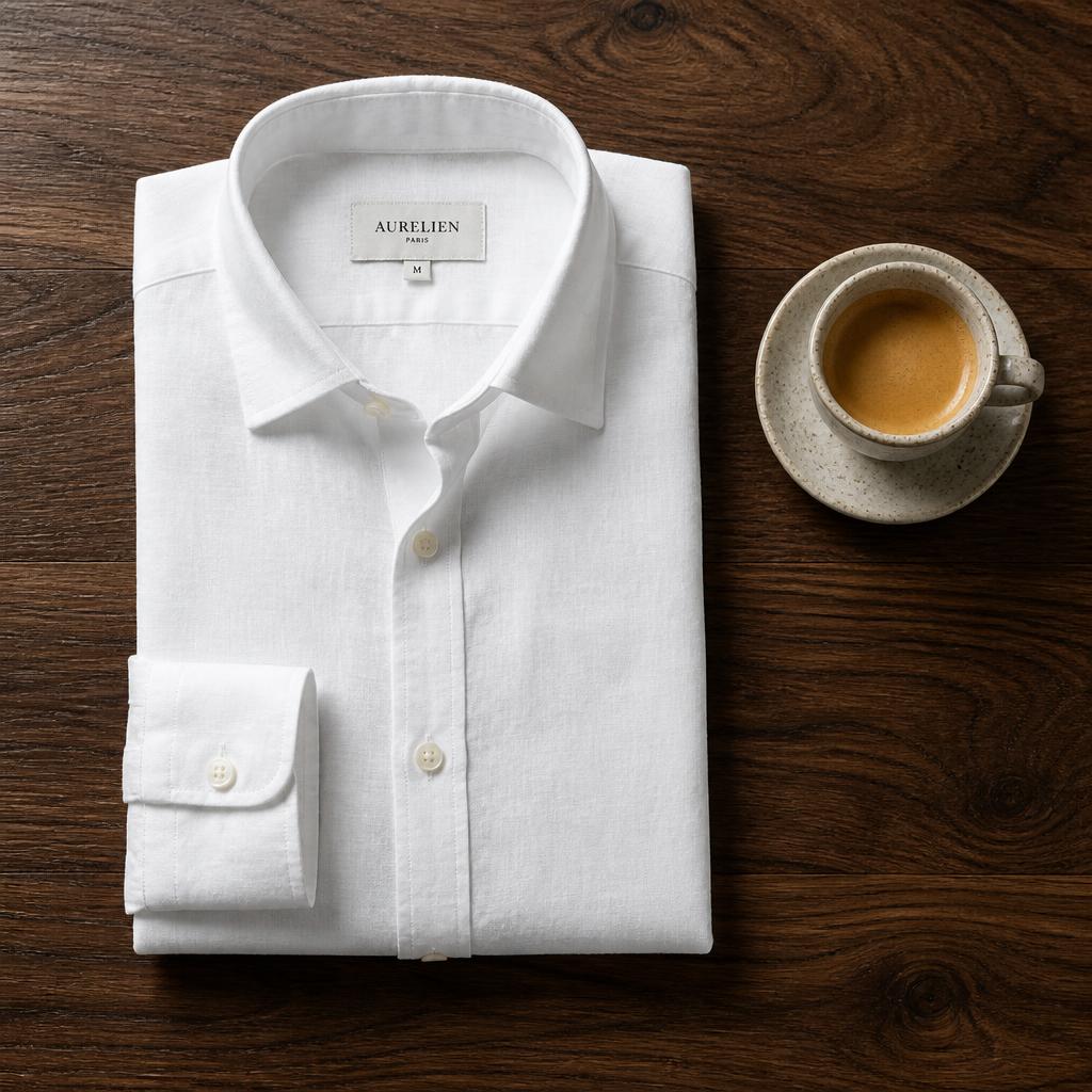 Camicia bianca in lino piegata su un tavolo di legno